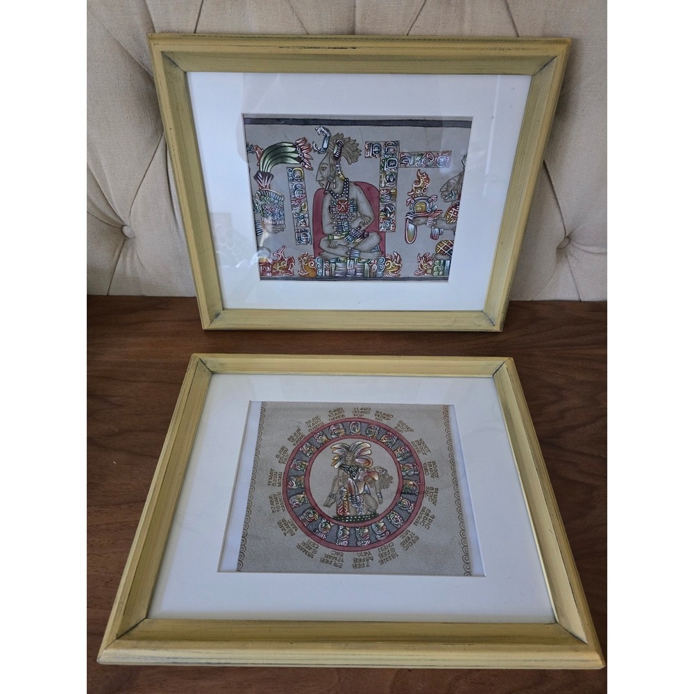 Vintage Mayan Leather Art Framed Wall Decor Set of 2 Hand Painted
